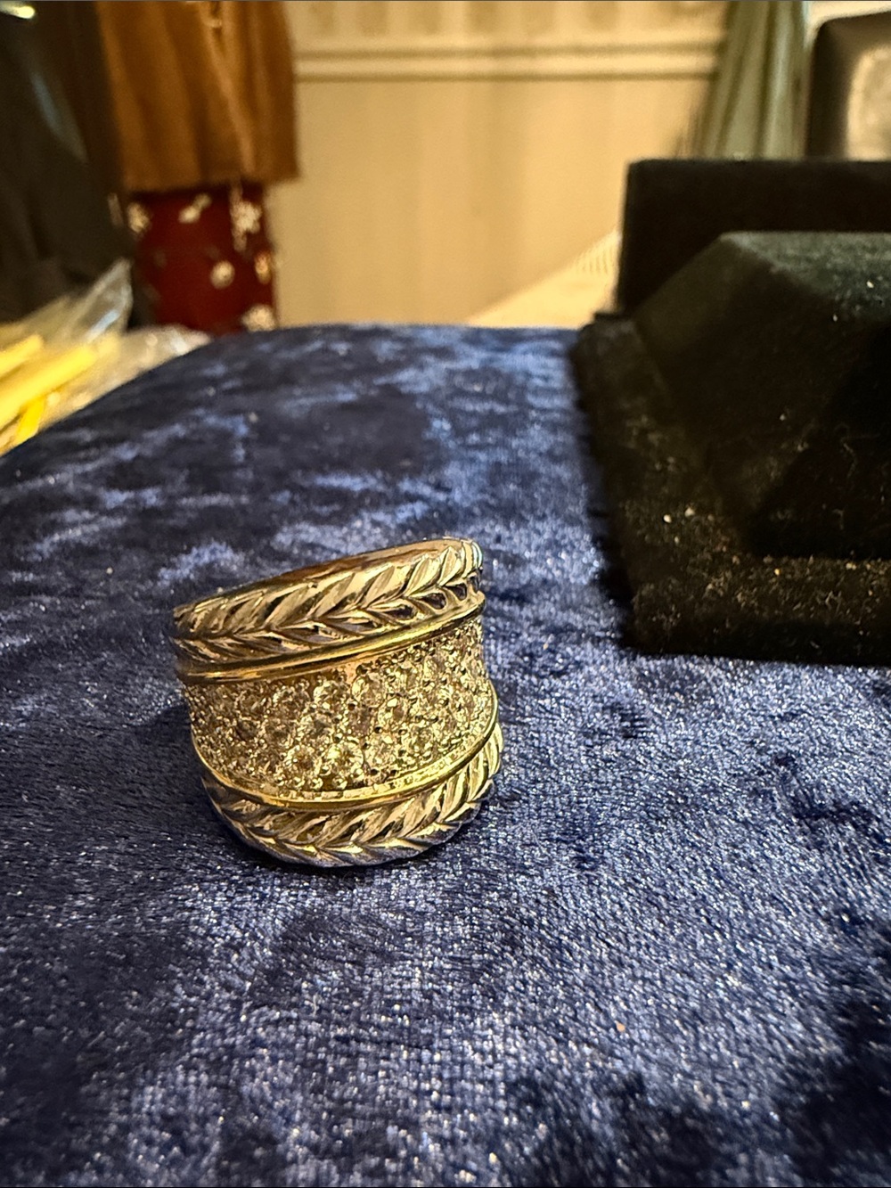 Silver and gold tone David Yurman look ring with genuine cubic zirconia stones